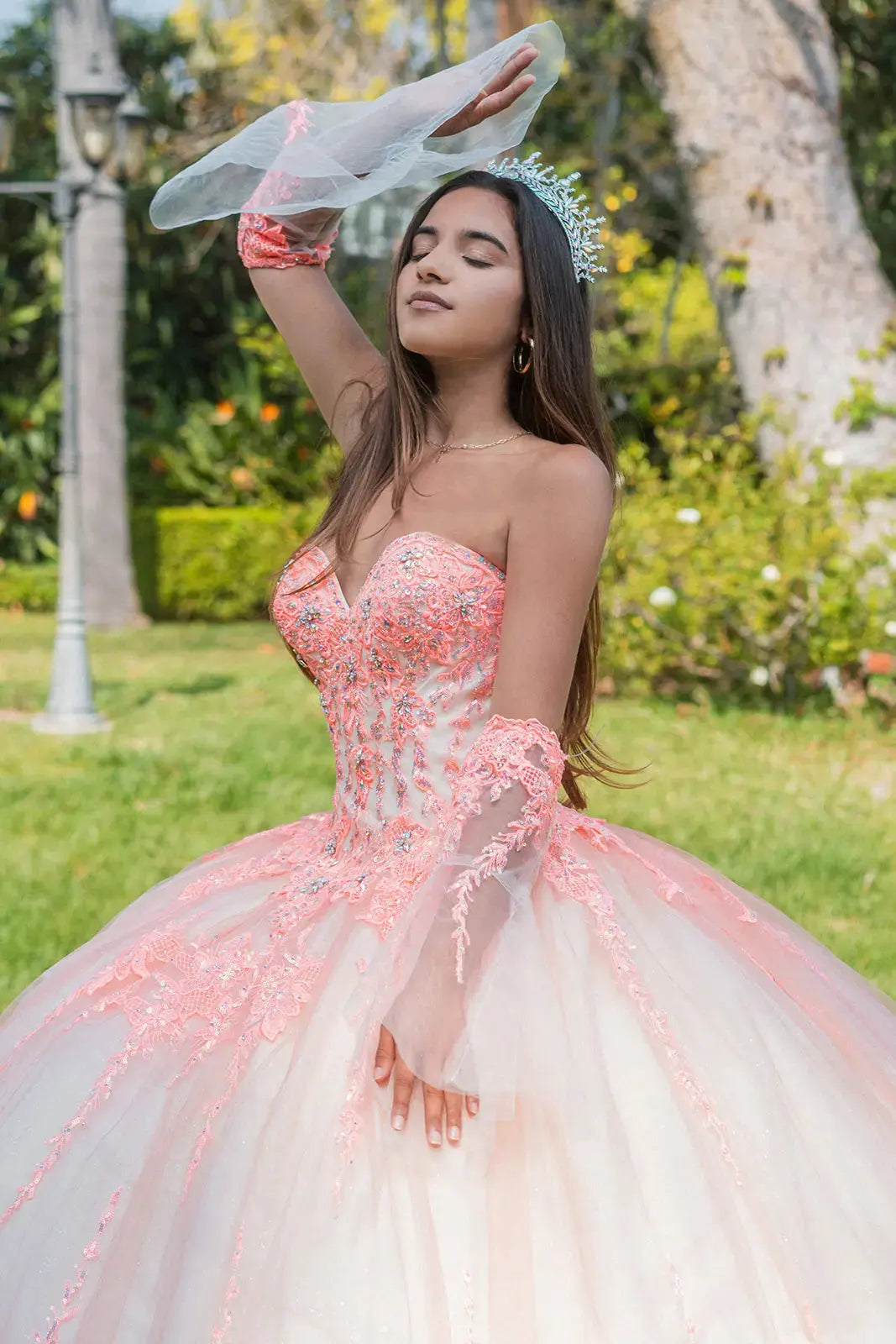 Jewel Sequin Sweetheart Mesh Ball Gown w/ Long Sheer Sleeves by Tux-USA