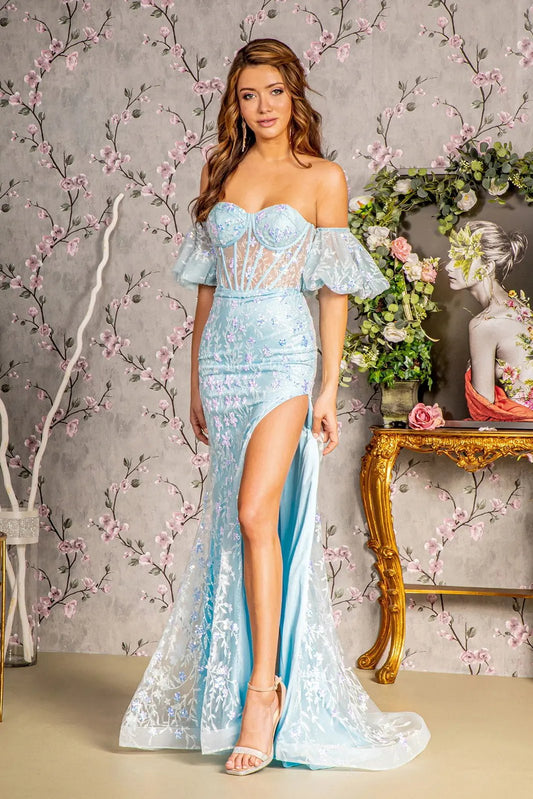 Glitter Sequin Mesh Mermaid Long Dress w/ Detachable Puff Sleeves by Tux-USA