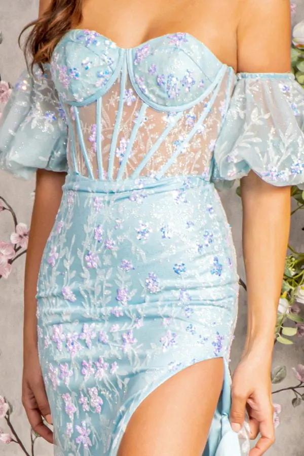 Glitter Sequin Mesh Mermaid Long Dress w/ Detachable Puff Sleeves by Tux-USA