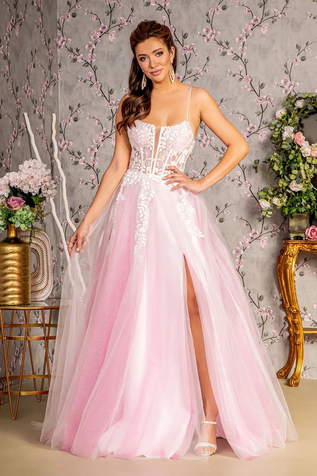 Embroidery Sequin Sheer Bodice Mesh A-line Long Dress by Tux-USA