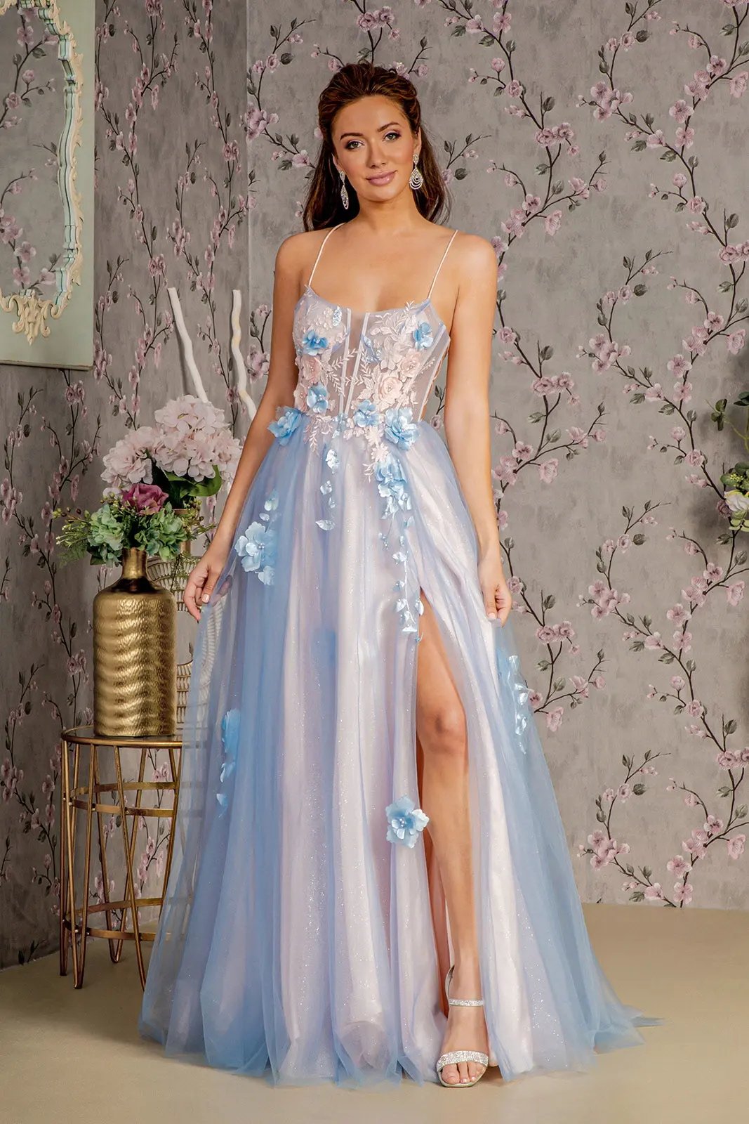 3-D Flower Sheer Bodice Cut-out Back Mesh A-line Long Dress by Tux-USA