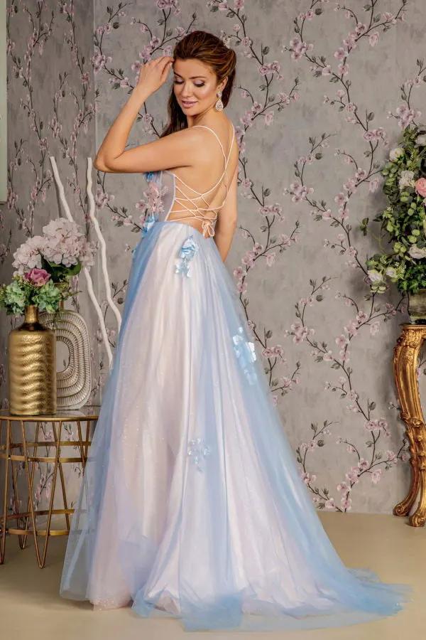 3-D Flower Sheer Bodice Cut-out Back Mesh A-line Long Dress by Tux-USA