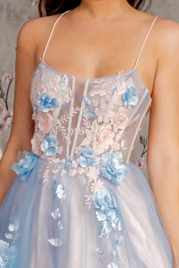 3-D Flower Sheer Bodice Cut-out Back Mesh A-line Long Dress by Tux-USA