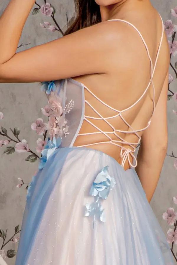 3-D Flower Sheer Bodice Cut-out Back Mesh A-line Long Dress by Tux-USA