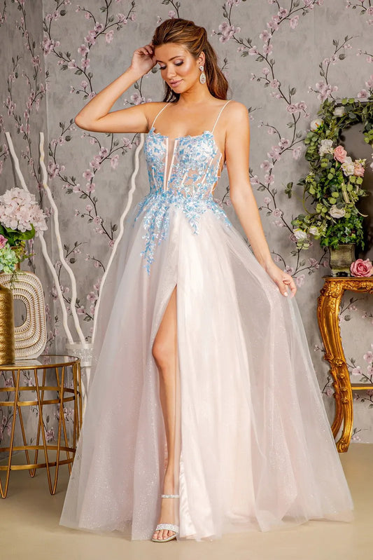 Glitter Sequin Sheer Corset Bodice Mesh A-line Long Dress by Tux-USA