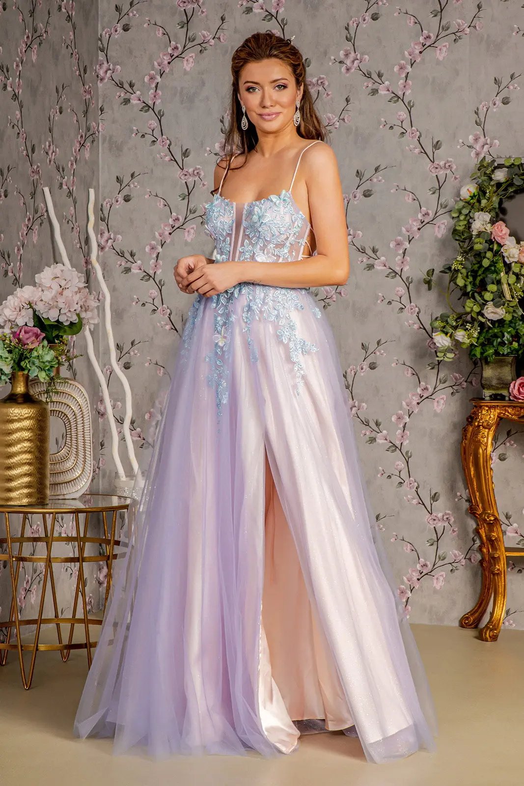 3-D Butterfly Sheer Bodice Cut-out Back Mesh A-line Long Dress by Tux-USA
