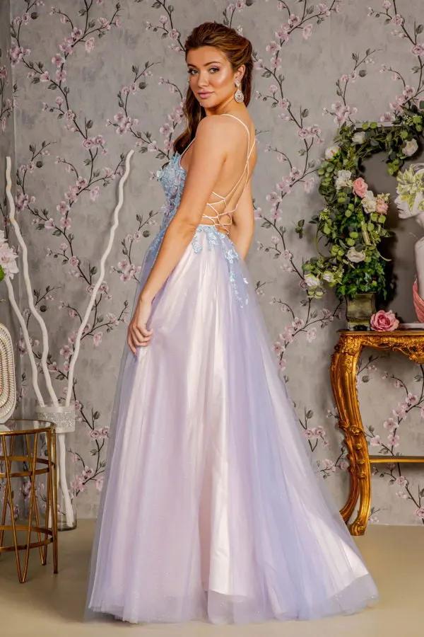 3-D Butterfly Sheer Bodice Cut-out Back Mesh A-line Long Dress by Tux-USA