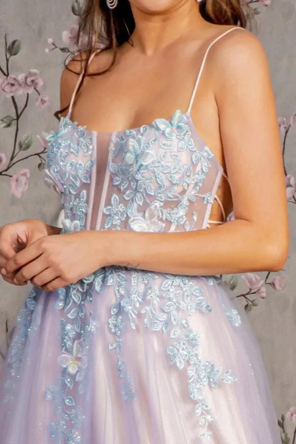 3-D Butterfly Sheer Bodice Cut-out Back Mesh A-line Long Dress by Tux-USA