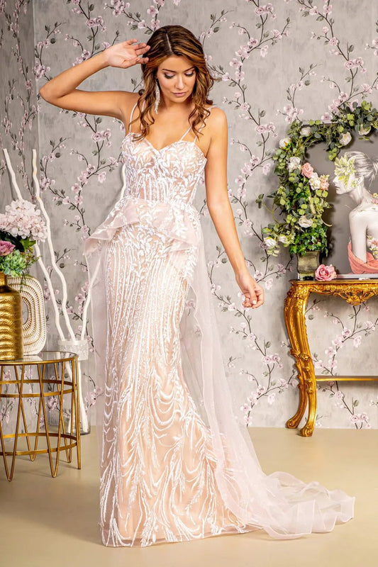 Glitter Sheer Bodice Mesh Mermaid Long Dress w/ Waist Drape Layer by Tux-USA