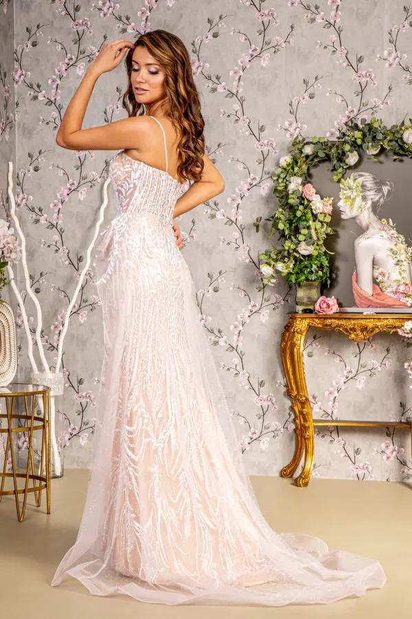 Glitter Sheer Bodice Mesh Mermaid Long Dress w/ Waist Drape Layer by Tux-USA