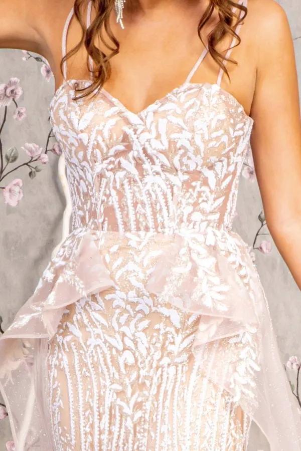 Glitter Sheer Bodice Mesh Mermaid Long Dress w/ Waist Drape Layer by Tux-USA