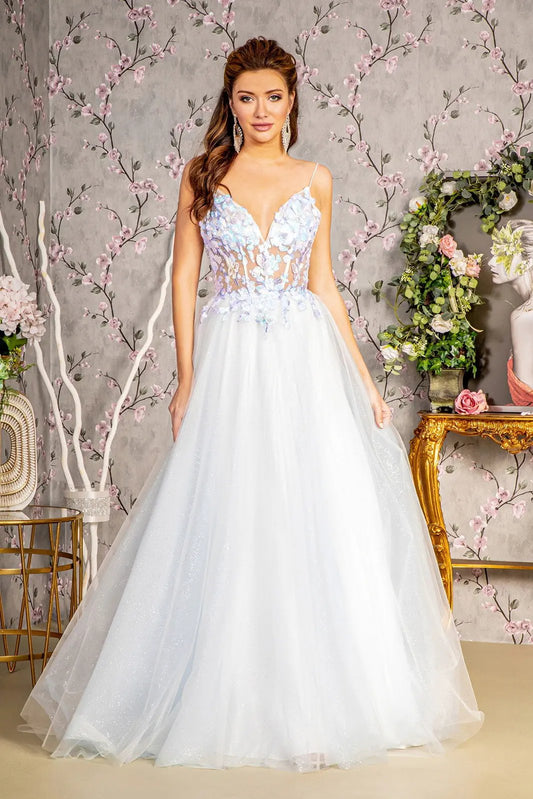 3-D Butterfly Sheer Corset Bodice A-line Mesh Long Dress by Tux-USA