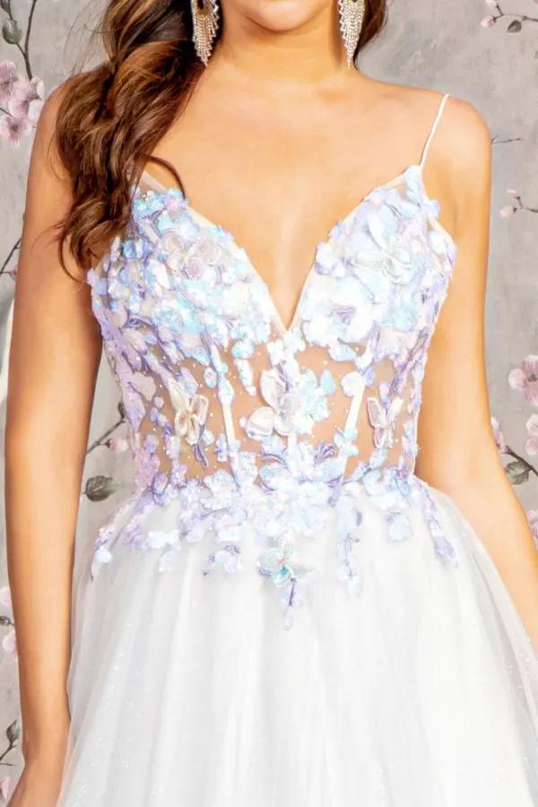 3-D Butterfly Sheer Corset Bodice A-line Mesh Long Dress by Tux-USA