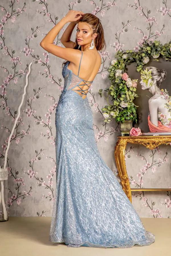 Jewel Bead Sheer Bodice Ruched Back Mesh Mermaid Long Dress by Tux-USA