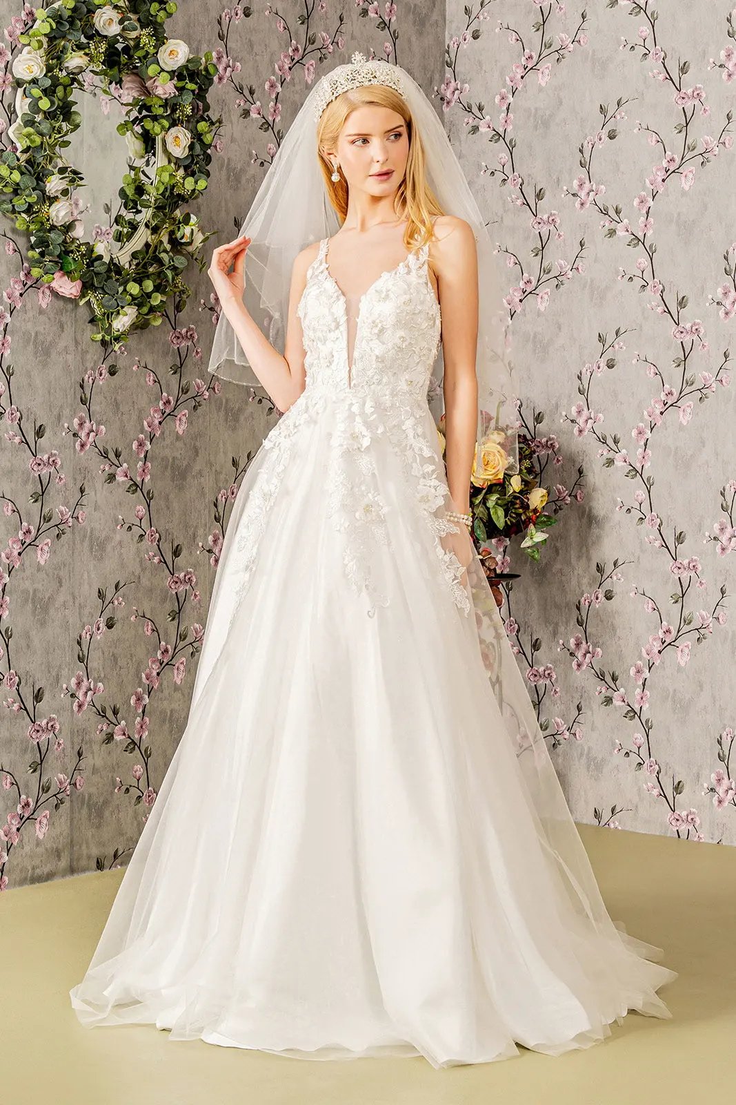 Floral Embroidery Jewel Illusion Sweetheart Mesh A-line Long Dress by Tux-USA