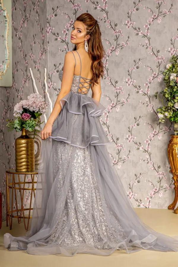 Jewel Sheer Bodice Mesh Mermaid Long Dress w/ Detachable Waist Drape by Tux-USA