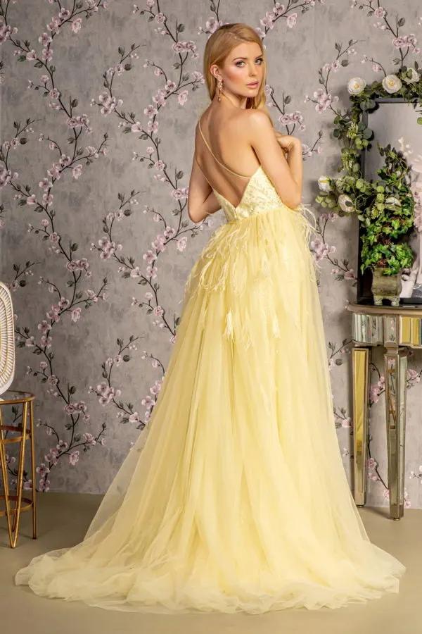 Asymmetric Feather Mesh Mermaid Long Dress w/ Detachable Waist Drape by Tux-USA