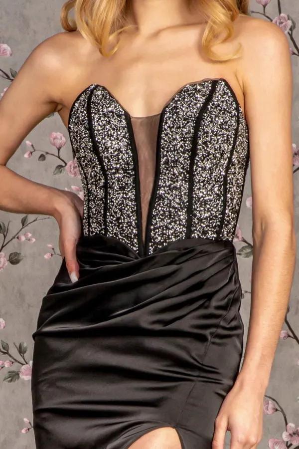 Jewel Bead Ruched Side Strapless Satin Mermaid Long Dress by Tux-USA