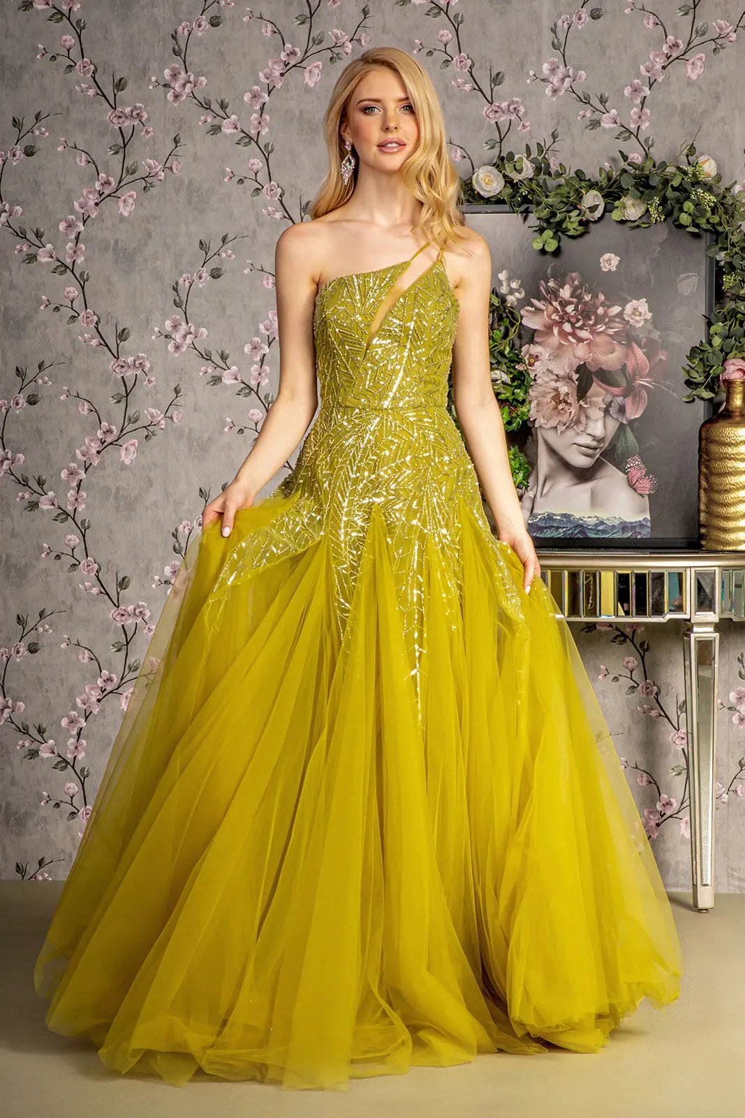 Asymmetric Sequin Sheer Cut-out Front Mesh A-line Long Dress by Tux-USA