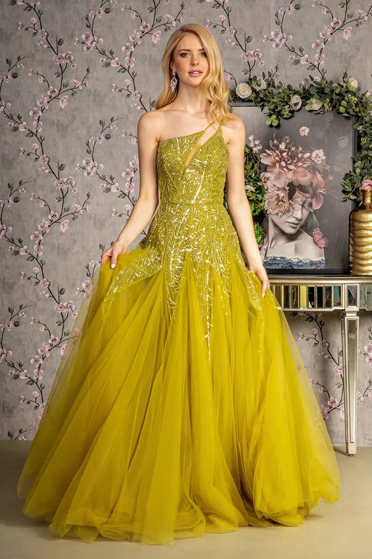 Asymmetric Sequin Sheer Cut-out Front Mesh A-line Long Dress by Tux-USA