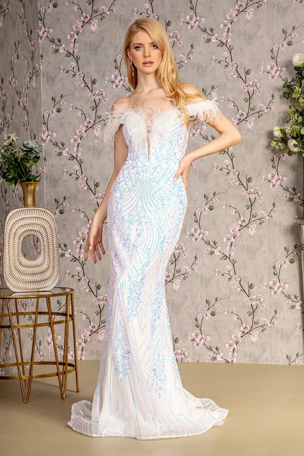 Feather Sequin Illusion Sweetheart Mesh Mermaid Long Dress by Tux-USA