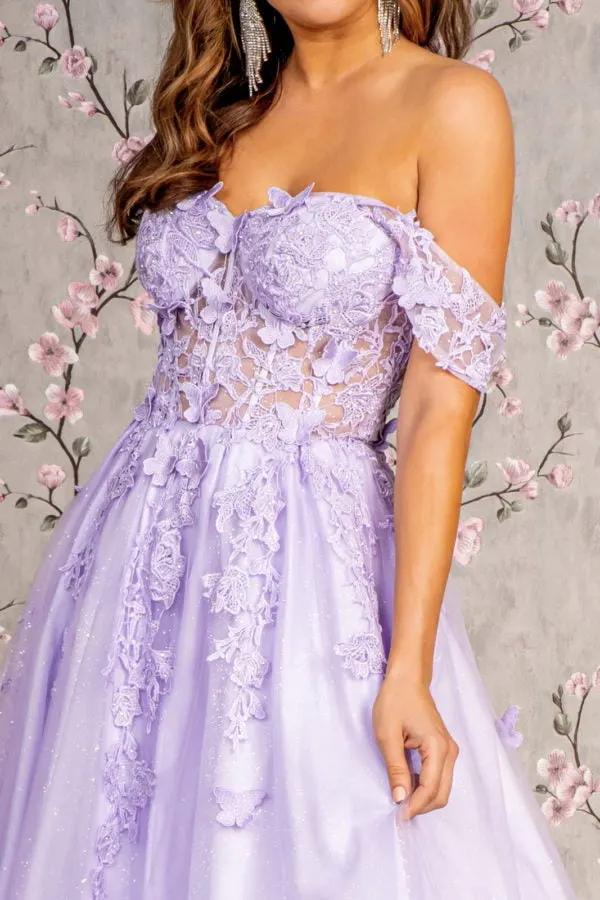 3-D Butterfly Bead Sheer Bodice Mesh A-line Long Dress by Tux-USA