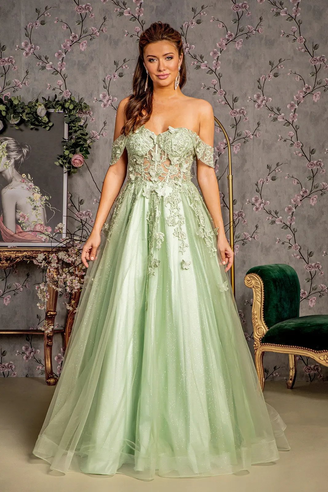 3-D Butterfly Bead Sheer Bodice Mesh A-line Long Dress by Tux-USA