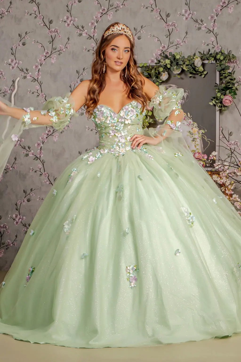 3-D Flower Ruched Bodice Mesh Ball Gown w/ Long Puff Sleeves by Tux-USA