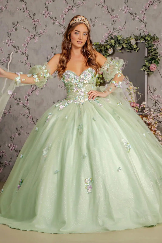 3-D Flower Ruched Bodice Mesh Ball Gown w/ Long Puff Sleeves by Tux-USA