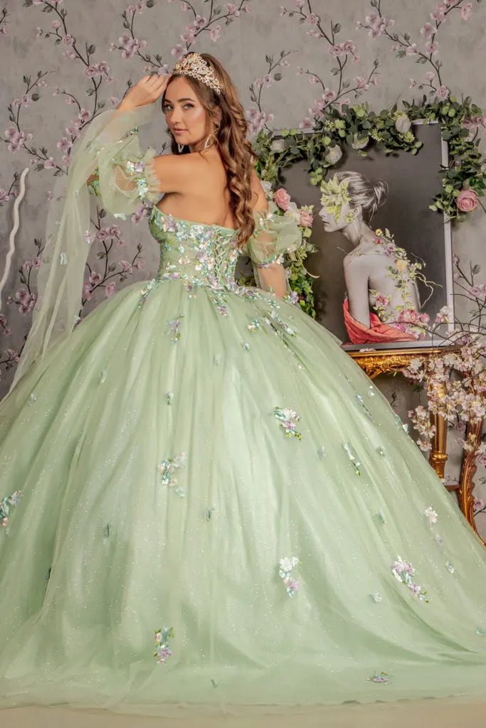 3-D Flower Ruched Bodice Mesh Ball Gown w/ Long Puff Sleeves by Tux-USA