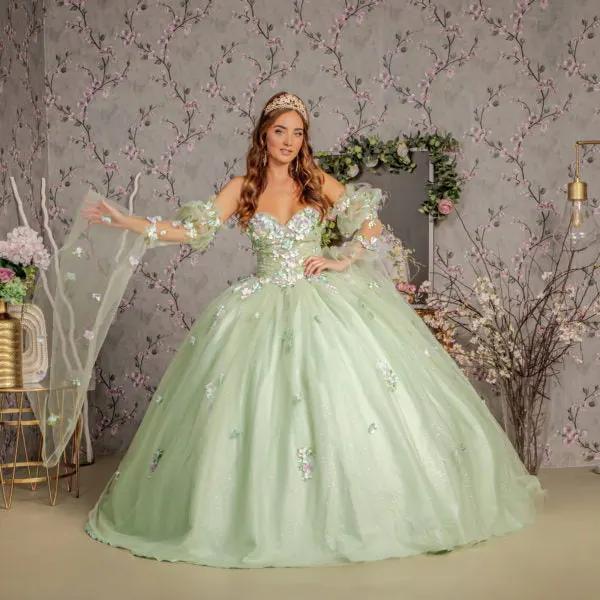 3-D Flower Ruched Bodice Mesh Ball Gown w/ Long Puff Sleeves by Tux-USA