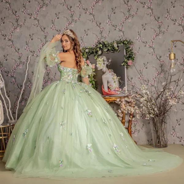 3-D Flower Ruched Bodice Mesh Ball Gown w/ Long Puff Sleeves by Tux-USA