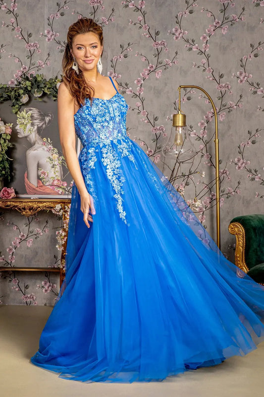 Jewel 3-D Flower Sheer Bodice Mesh A-line Long Dress by Tux-USA