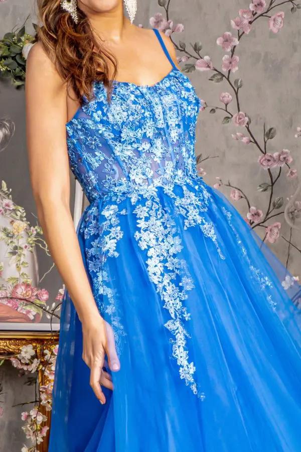 Jewel 3-D Flower Sheer Bodice Mesh A-line Long Dress by Tux-USA
