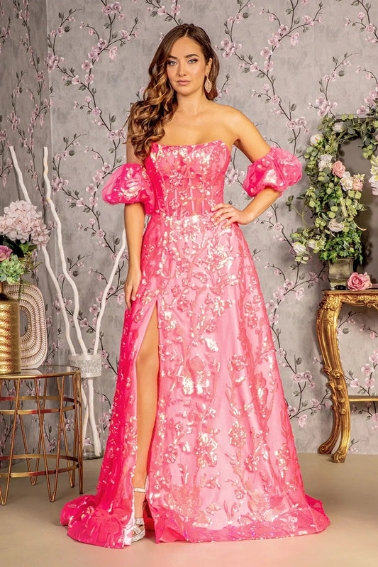 Sequin Sheer Bodice Mesh A-line Long Dress w/ Puff Sleeves by Tux-USA