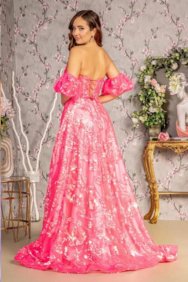 Sequin Sheer Bodice Mesh A-line Long Dress w/ Puff Sleeves by Tux-USA