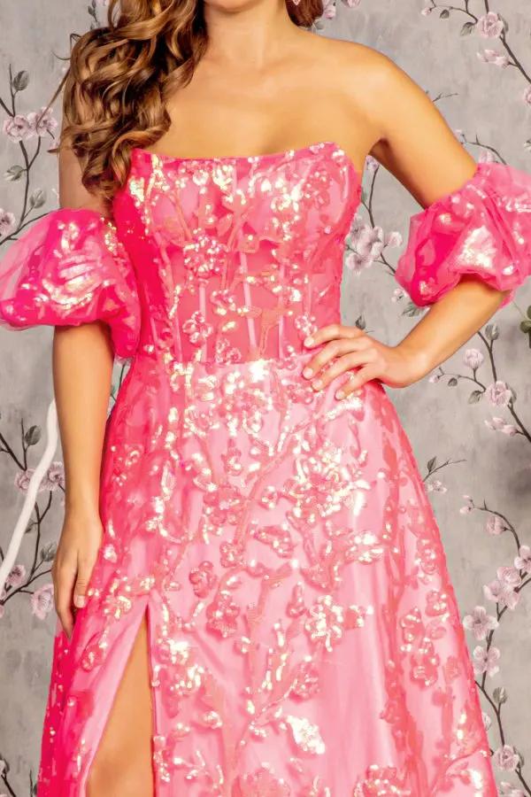 Sequin Sheer Bodice Mesh A-line Long Dress w/ Puff Sleeves by Tux-USA