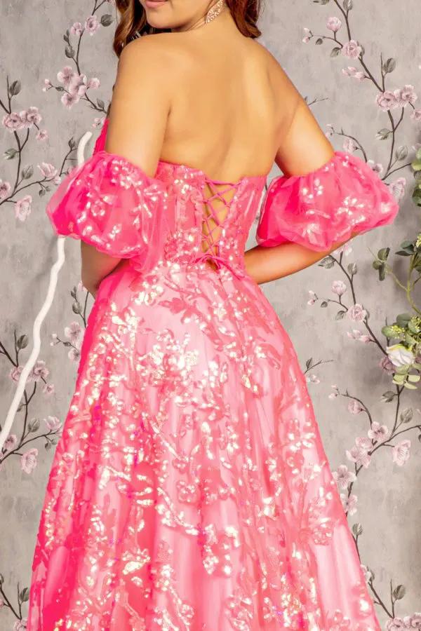 Sequin Sheer Bodice Mesh A-line Long Dress w/ Puff Sleeves by Tux-USA