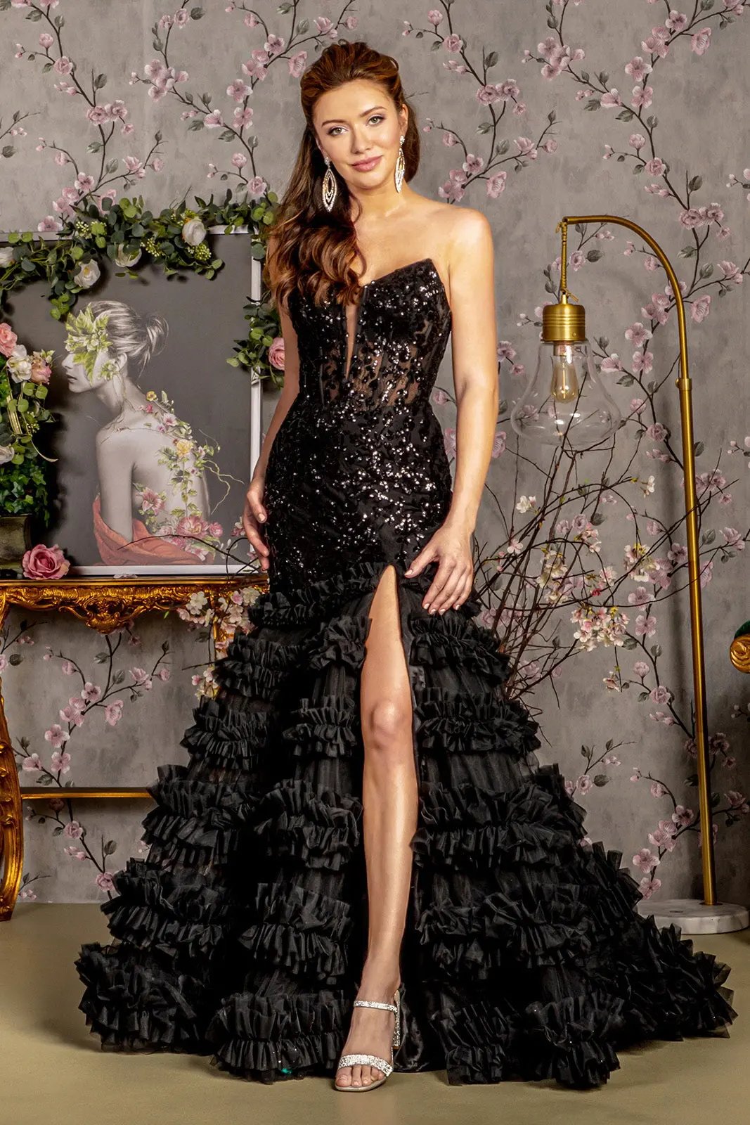 Sequin Sheer Bodice Ruffled Skirt Strapless Mesh Trumpet Long Dress by Tux-USA