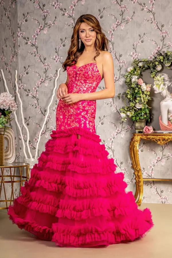 Sequin Sheer Bodice Ruffled Skirt Strapless Mesh Trumpet Long Dress by Tux-USA