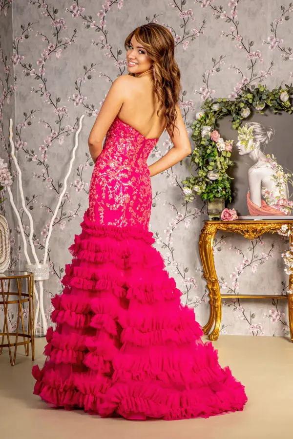 Sequin Sheer Bodice Ruffled Skirt Strapless Mesh Trumpet Long Dress by Tux-USA
