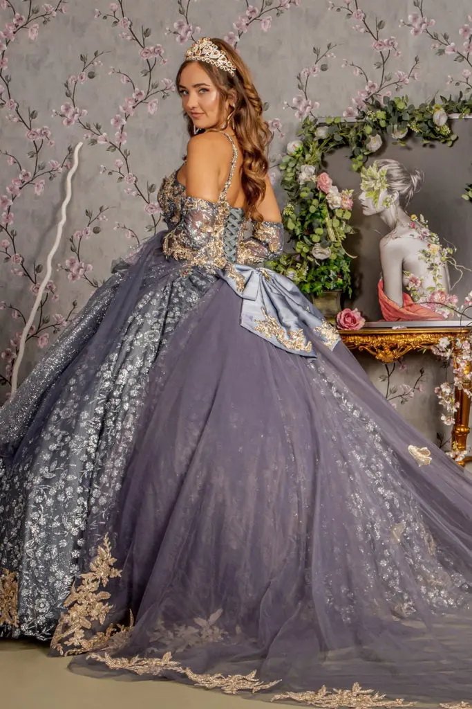 Metallic 3-D Butterfly Big Ribbon Mesh Ball Gown w/ Waist Drape by Tux-USA