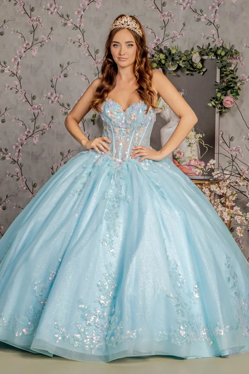 3-D Flower Embroidery Sheer Corset Bodice Mesh Ball Gown by Tux-USA