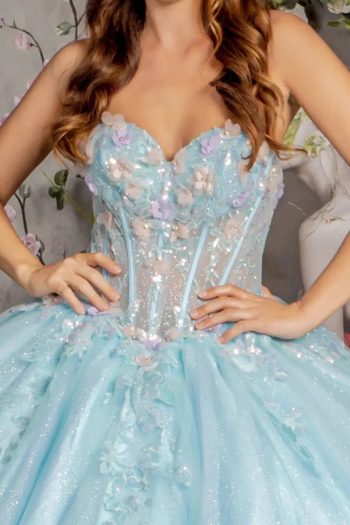 3-D Flower Embroidery Sheer Corset Bodice Mesh Ball Gown by Tux-USA