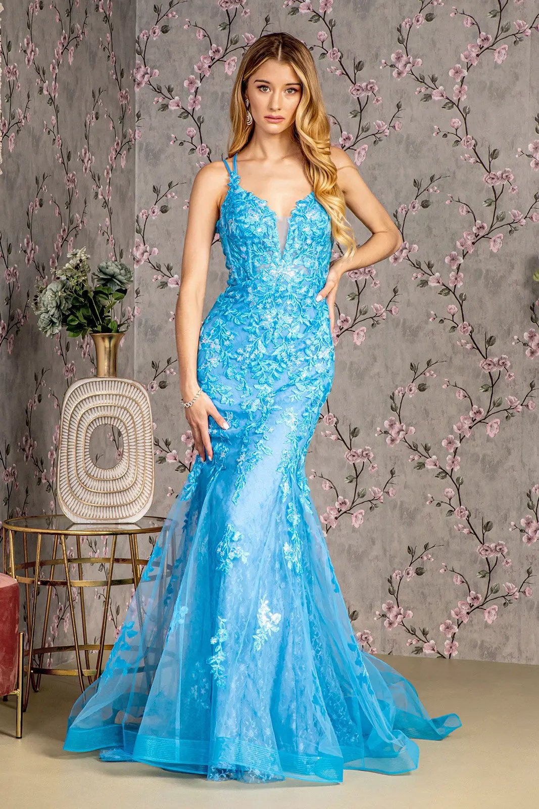 Floral Embroidery Sequin Sheer Bodice Mesh Mermaid Long Dress by Tux-USA