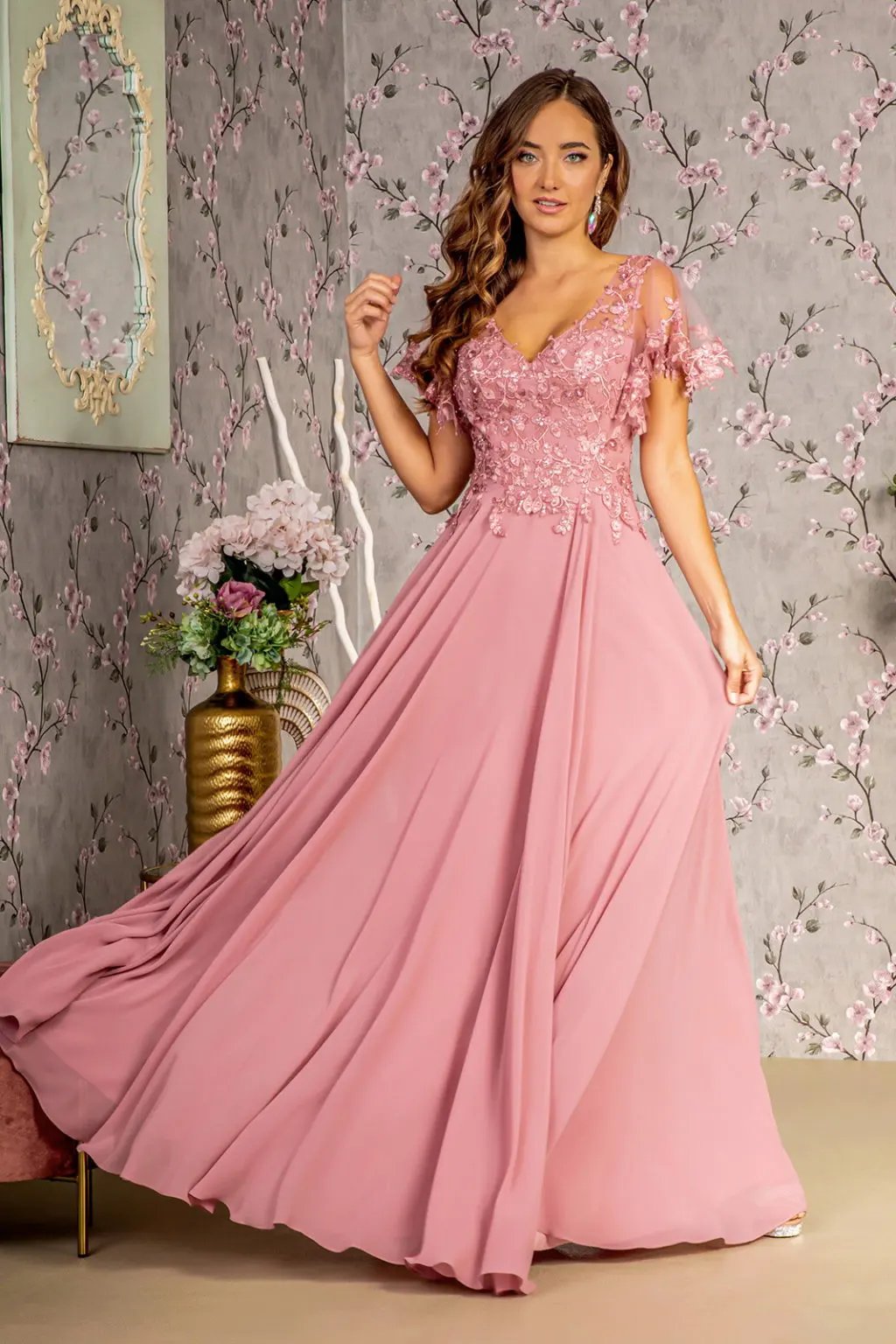 3-D Flower Embroidery Chiffon A-line Long Dress w/ Sheer Short Sleeves by Tux-USA