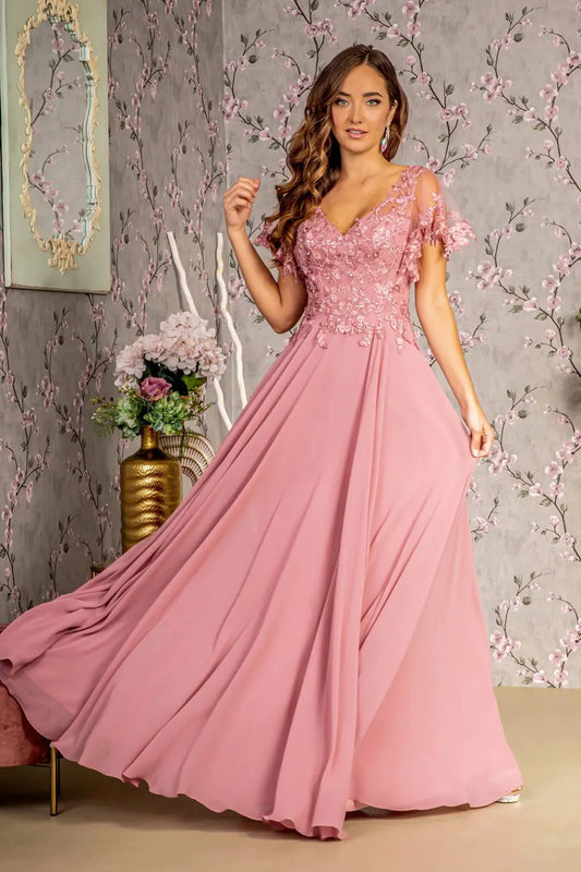 3-D Flower Embroidery Chiffon A-line Long Dress w/ Sheer Short Sleeves by Tux-USA