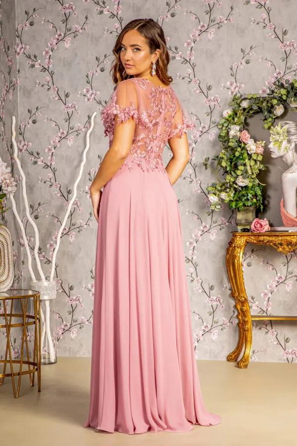 3-D Flower Embroidery Chiffon A-line Long Dress w/ Sheer Short Sleeves by Tux-USA