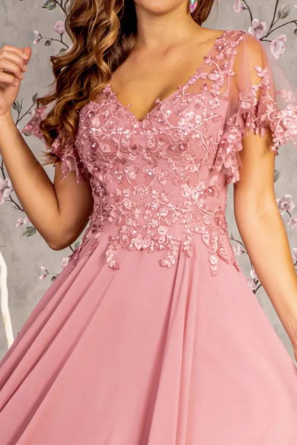 3-D Flower Embroidery Chiffon A-line Long Dress w/ Sheer Short Sleeves by Tux-USA