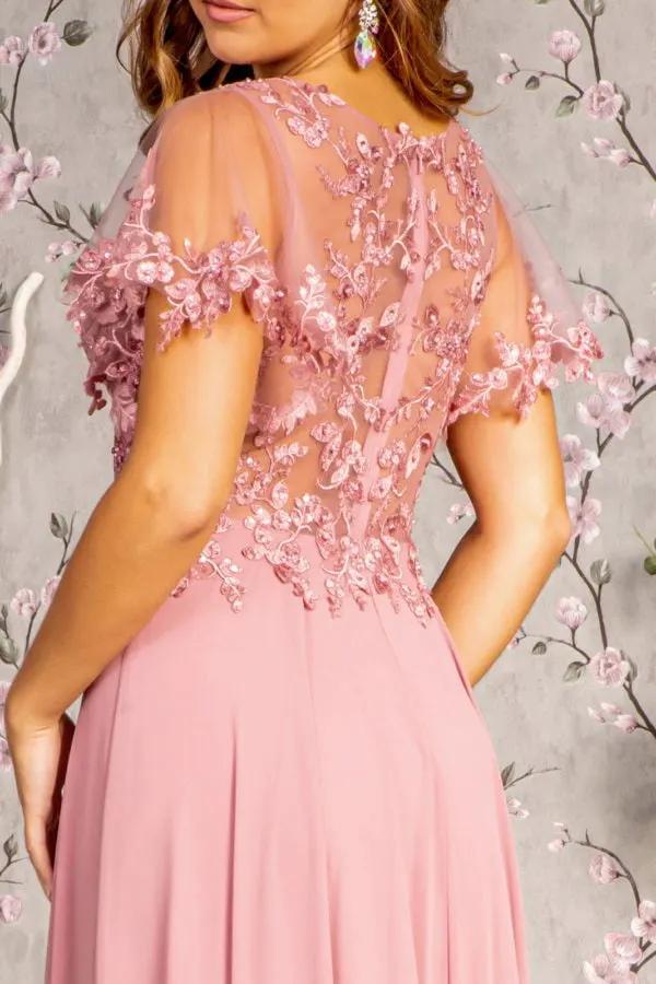 3-D Flower Embroidery Chiffon A-line Long Dress w/ Sheer Short Sleeves by Tux-USA